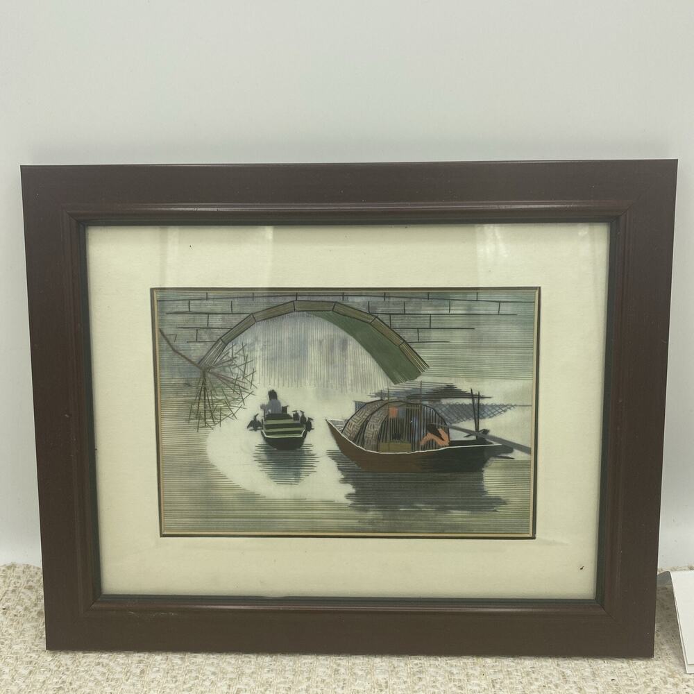 Asian Silk Thread Art River Boat Scene Framed. Excellent Condition. Mid Century